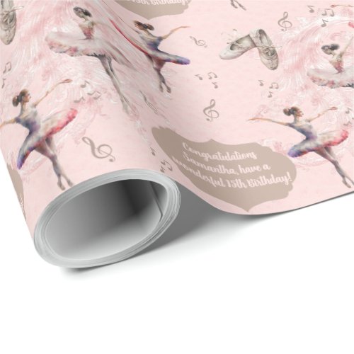 Elegant Blush Pink Silver Name Age Text Ballerina  Wrapping Paper