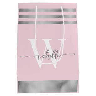 Elegant Blush Pink Silver Striped Monogram Script  Medium Gift Bag