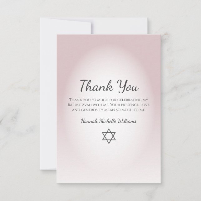 Elegant Blush Pink Simple Bat Mitzvah  Thank You Card (Front)
