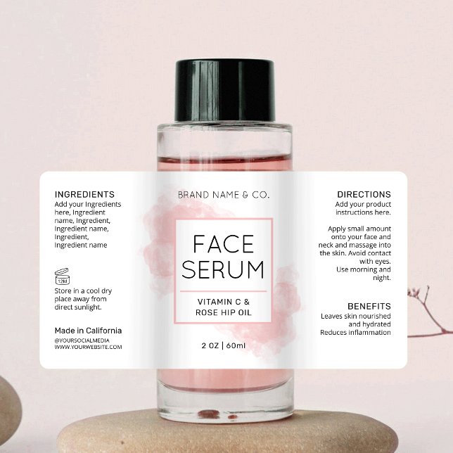 Elegant Blush Pink Skincare Cosmetic Bottle Label (Feminine cosmetic bottle wrap around label with pink watercolor background and modern layout)