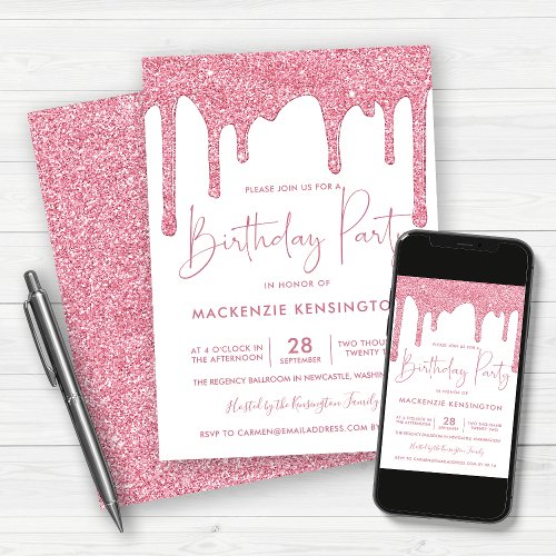 Elegant Blush Pink Sparkle Glitter Drips Birthday Invitation