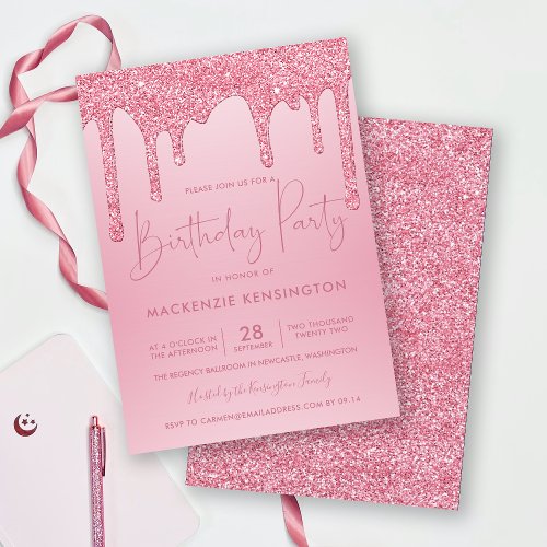 Elegant Blush Pink Sparkle Glitter Drips Birthday Invitation