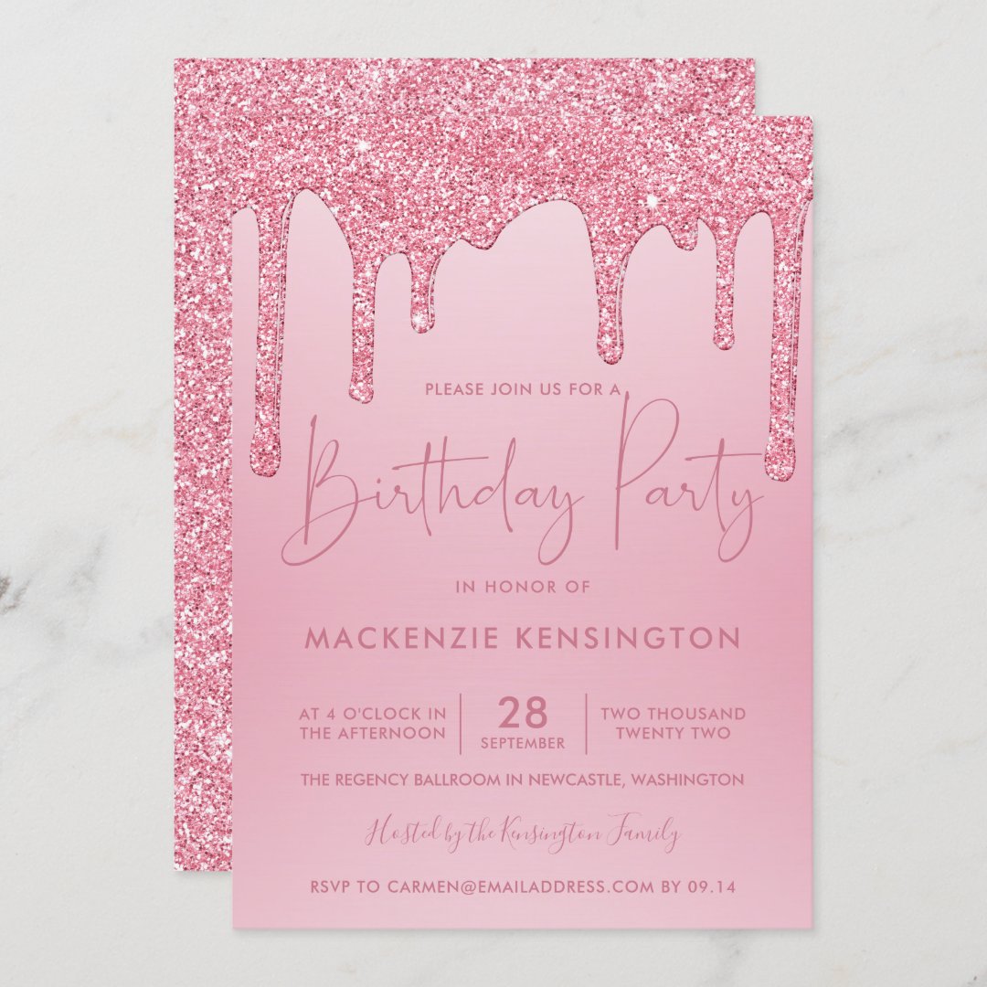 Elegant Blush Pink Sparkle Glitter Drips Birthday Invitation | Zazzle