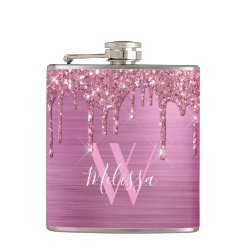 Elegant Blush Pink Sparkle Glitter Drips Monogram Flask