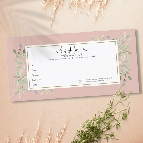 Elegant Blush Pink Spring Leaves Gift Certificate