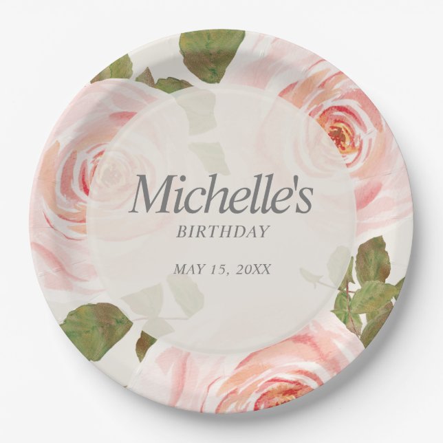 Elegant Blush Pink Springtime Floral Birthday  Paper Plates (Front)