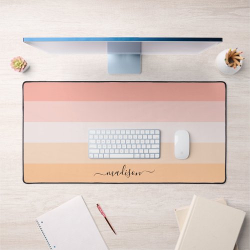 Elegant blush pink striped monogram name desk mat