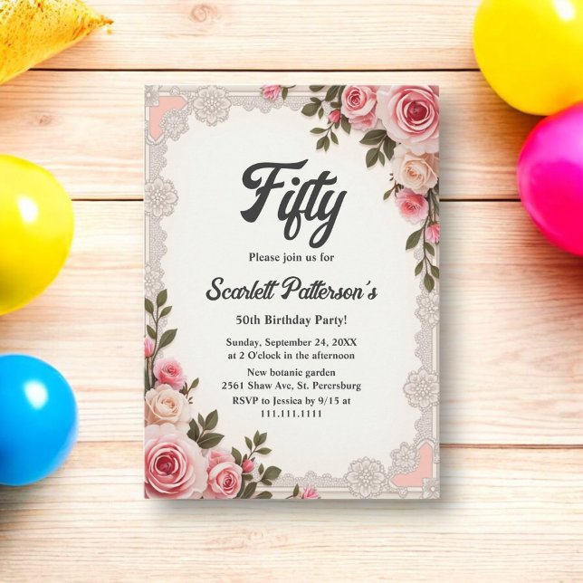 Elegant Blush Pink Summer Floral 50th Birthday Invitation (Creator Uploaded)