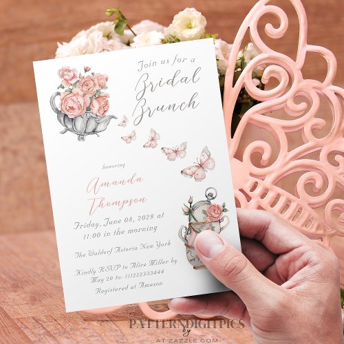 Elegant Blush Pink Tea Brunch Floral Bridal Shower Invitation