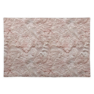 Elegant blush pink tooled leather floral cloth placemat
