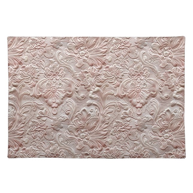 Elegant blush pink tooled leather floral cloth placemat (Front)