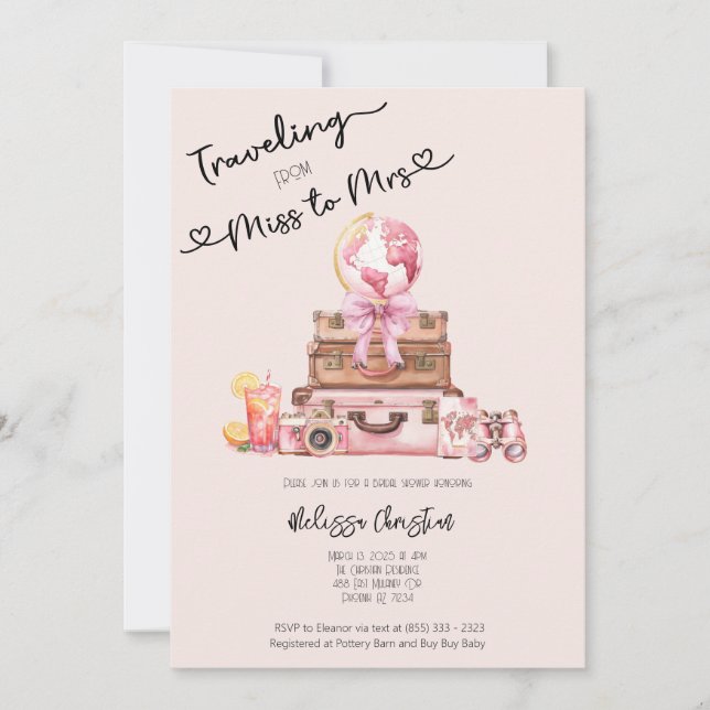Elegant Blush Pink Travel Adventure Bridal Shower  Invitation (Front)