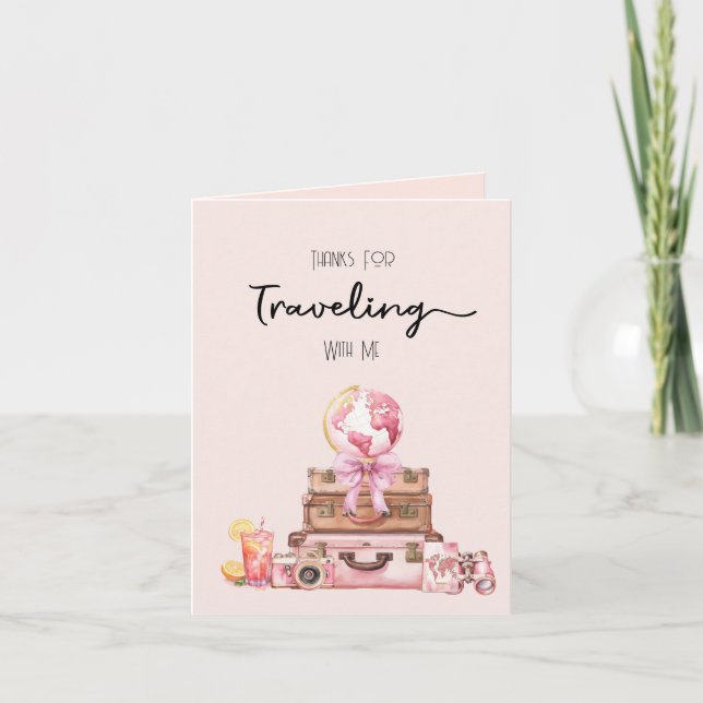 Elegant Blush Pink Traveling Bridal Shower Thank You Card (Front)