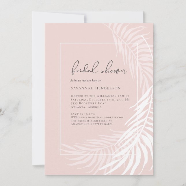 Elegant Blush Pink Tropical Floral Bridal Shower Invitation (Front)