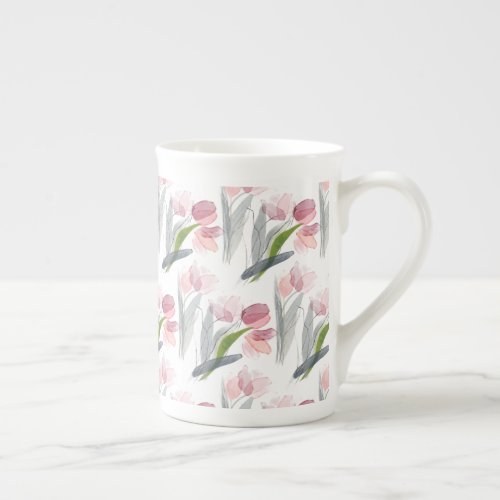 Elegant Blush Pink Tulips Sage Green Leaves White Bone China Mug