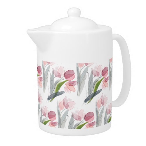 Elegant Blush Pink Tulips Sage Green Leaves White Teapot