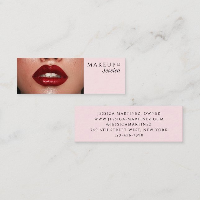 Elegant Blush Pink Typography Photo Makeup Mini Business Card (Front/Back)