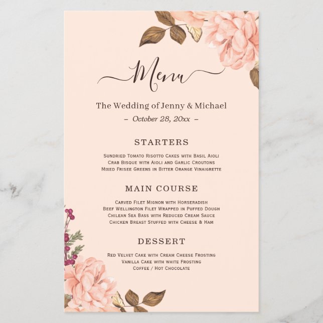 Elegant Blush Pink Victoria Floral Wedding Menu Flyer (Front)