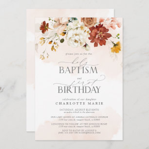 Elegant Blush Pink Watercolor Baptism 1st Birthday Invitation