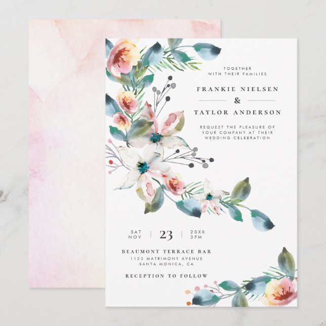 Elegant Blush Pink Watercolor Botanical Wedding Invitation (Front/Back)