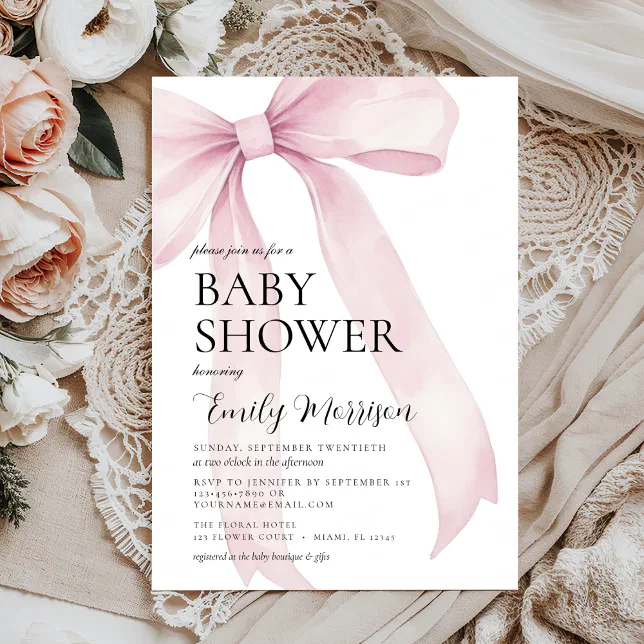 Elegant Blush Pink Watercolor Bow Girl Baby Shower Invitation | Zazzle