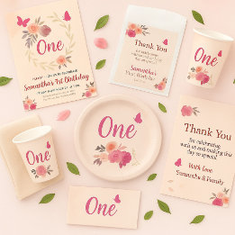 Elegant Blush Pink Watercolor Floral 1st Birthday Invitation