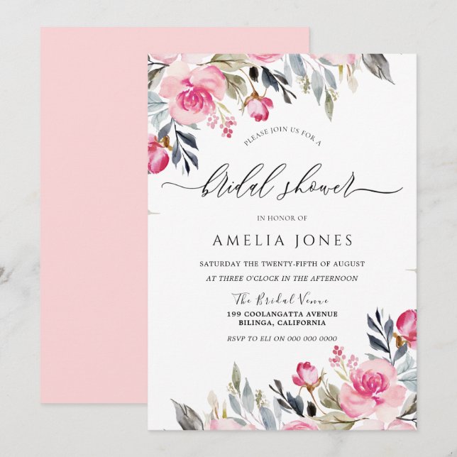 Elegant Blush Pink Watercolor Floral Bridal Shower Invitation (Front/Back)