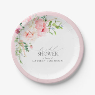 Elegant Blush Pink Watercolor Floral Bridal Shower Paper Plates