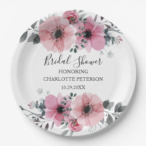 Elegant Blush Pink Watercolor Floral Bridal Shower Paper Plates