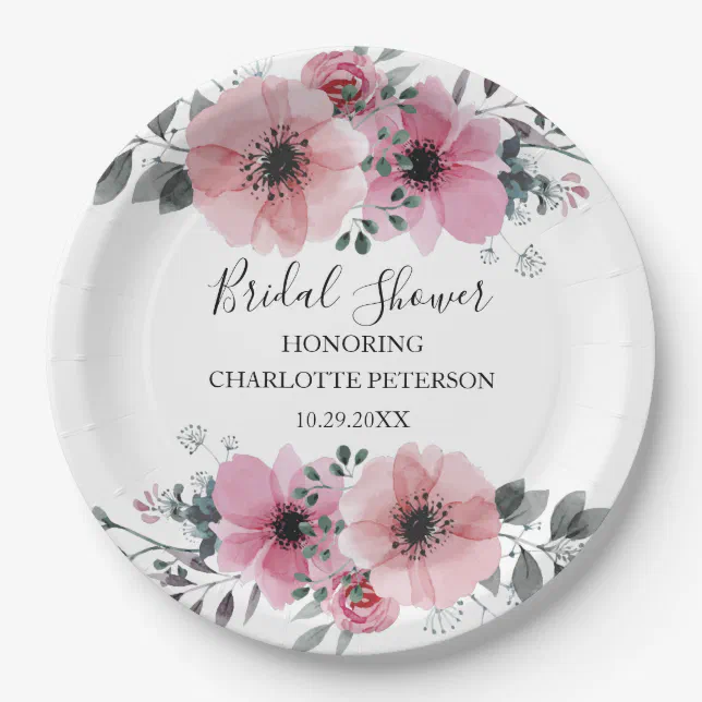 Elegant Blush Pink Watercolor Floral Bridal Shower Paper Plates | Zazzle
