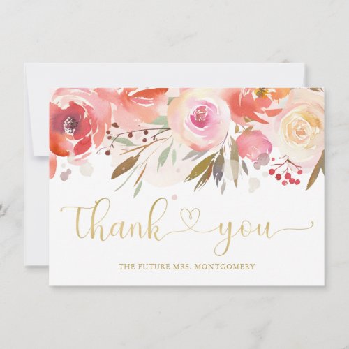 Elegant Blush Pink Watercolor Floral Bridal Shower Thank You Card