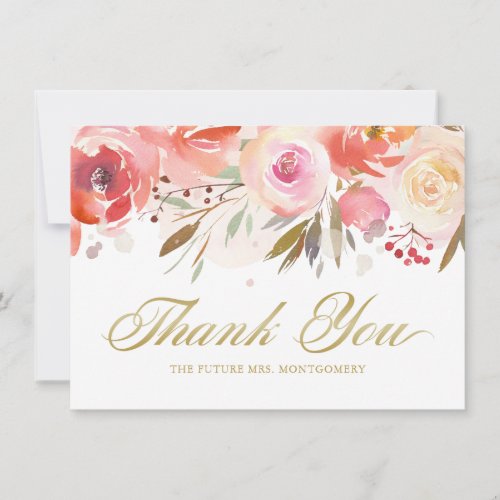 Elegant Blush Pink Watercolor Floral Bridal Shower Thank You Card