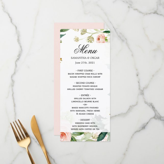 Elegant Blush Pink Watercolor Floral Frame Menu (Front/Back In Situ)