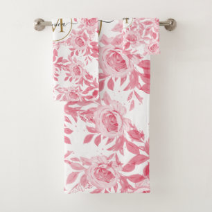 Elegant Blush Pink Watercolor Floral Gold Monogram Bath Towel Set