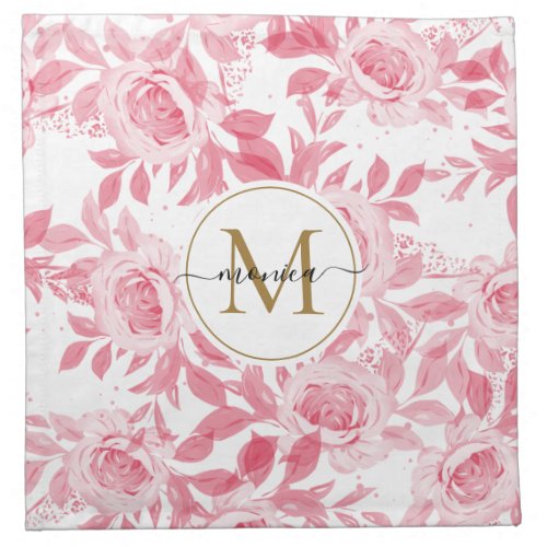 Elegant Blush Pink Watercolor Floral Gold Monogram Cloth Napkin