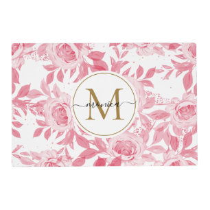 Elegant Blush Pink Watercolor Floral Gold Monogram Placemat