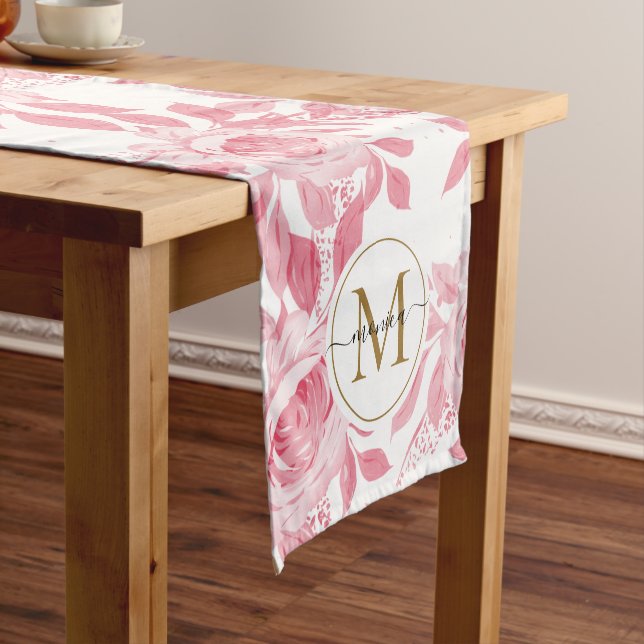Elegant Blush Pink Watercolor Floral Gold Monogram Short Table Runner (In Situ)