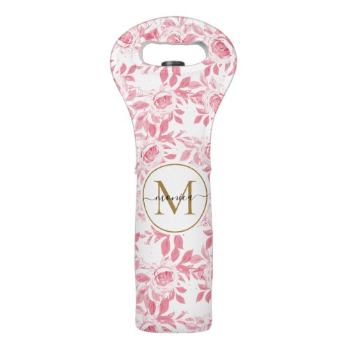 Elegant Blush Pink Watercolor Floral Gold Monogram Wine Bag