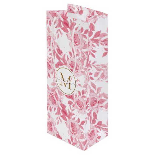 Elegant Blush Pink Watercolor Floral Gold Monogram Wine Gift Bag
