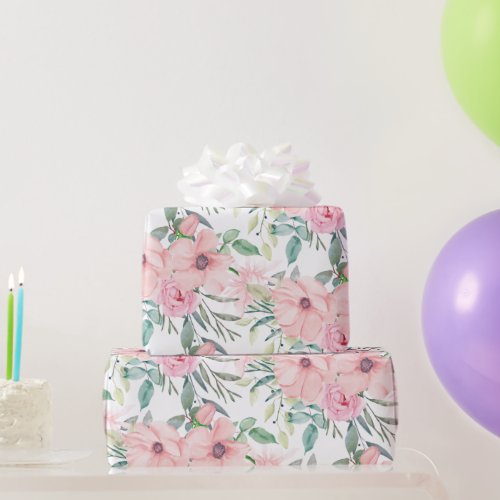 Elegant Blush Pink Watercolor Floral Leaves White Wrapping Paper