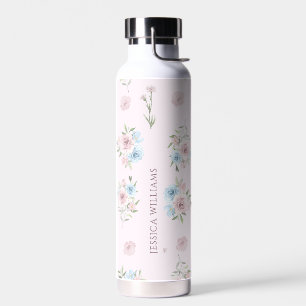 Elegant Blush Pink Watercolor Floral Monogram Water Bottle
