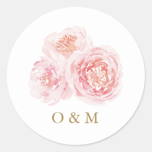 Elegant blush pink watercolor floral wedding classic round sticker