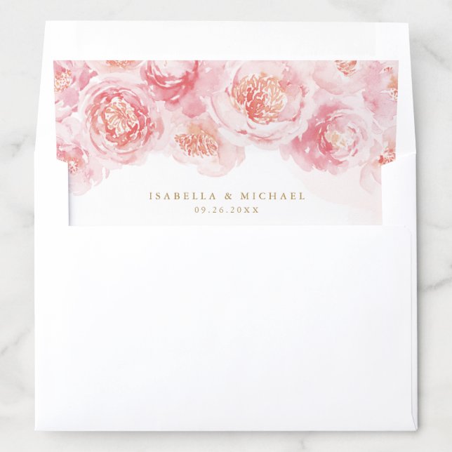 Elegant blush pink watercolor floral wedding envelope liner (In Envelope)
