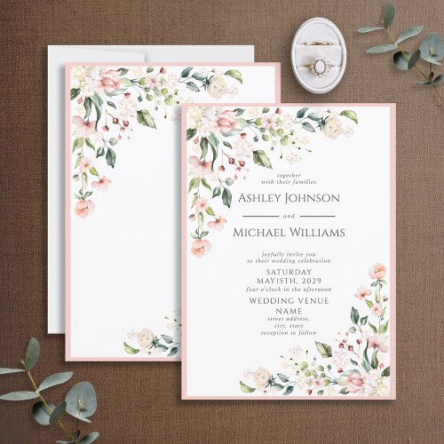 Elegant Blush Pink Watercolor Floral Wedding Invitation