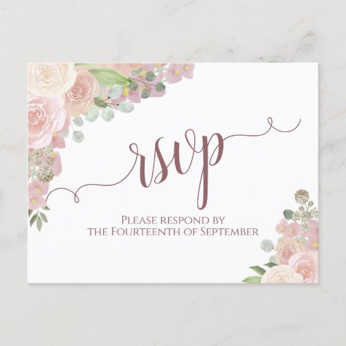 Elegant Blush Pink Watercolor Floral Wedding RSVP Postcard