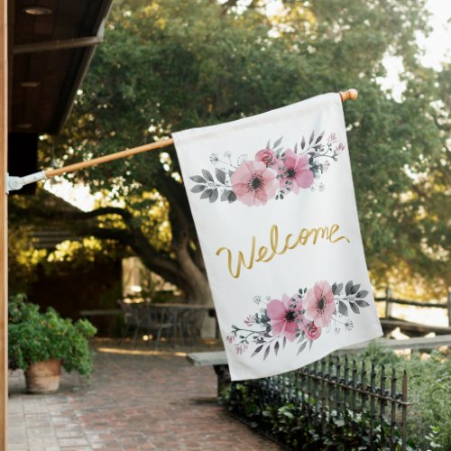 Elegant Blush Pink Watercolor Floral Welcome House Flag