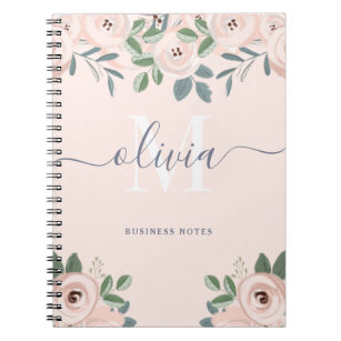Elegant Blush Pink Watercolor Flowers   Monogram Notebook