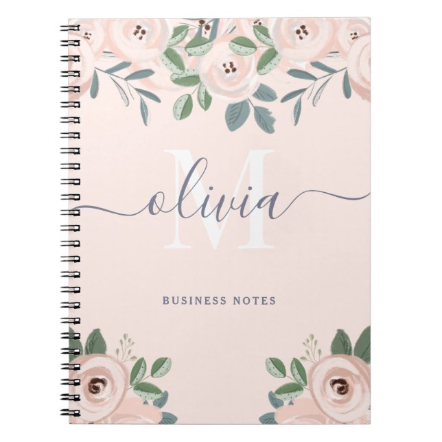 Elegant Blush Pink Watercolor Flowers | Monogram Notebook (Front)