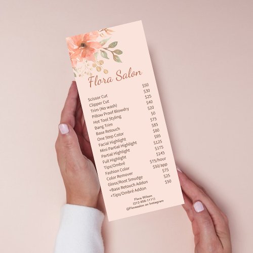 Elegant Blush Pink Watercolor flowers Price List Rack Card
