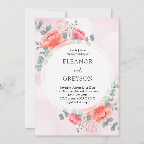 Elegant blush pink watercolor flowers wedding  invitation